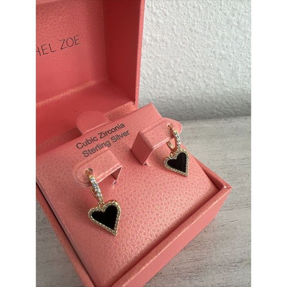 RACHEL ZOE STERLING SILVER GOLD TONE ONYX & CZ HEART HUGGIE EARRINGS~NIB! - Picture 3 of 11
